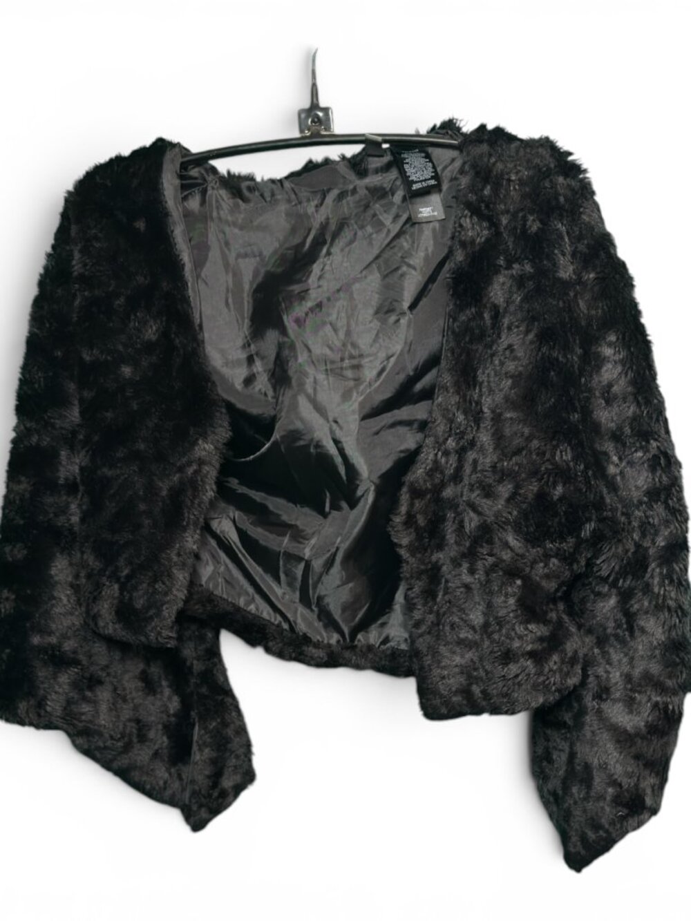 Bisou Bisou Black Faux Fur Cropped Shrug Jacket XS/S Open Front Draped Satin